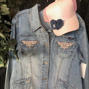 Angels - XL jean jacket with pink rhinestone pokcets an matching cap